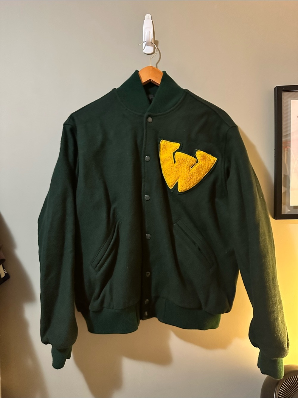 Vintage Varsity Dark Green Bomber Jacket with Yellow Patch